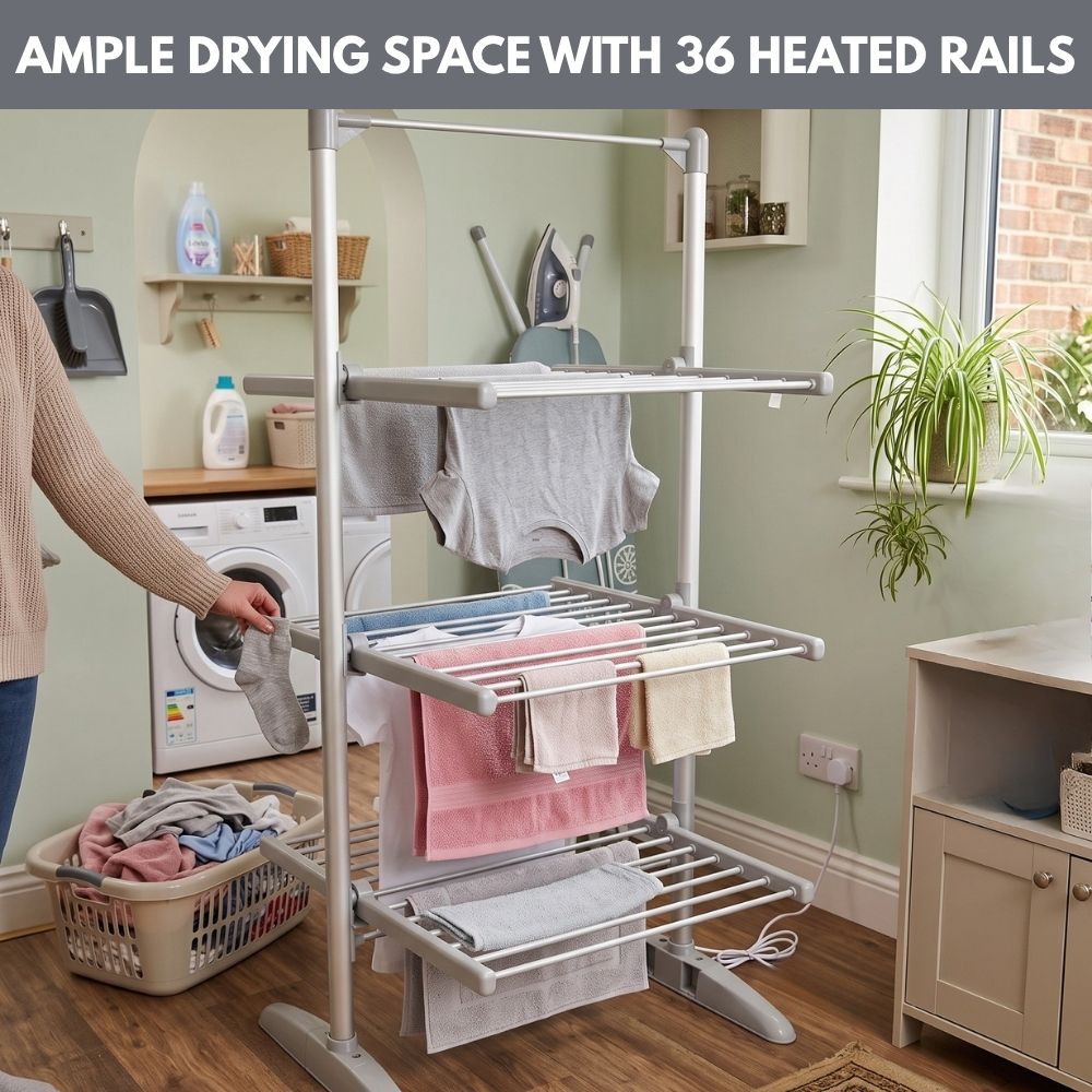 Lazy-Dry Electric Clothes Dryer with Cover - 3 Tier - 36 (21m) Heated Rails